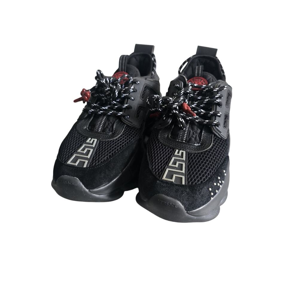 Versace Chain Reaction Black Athletic Sneakers Mesh Upper Patterned Laces